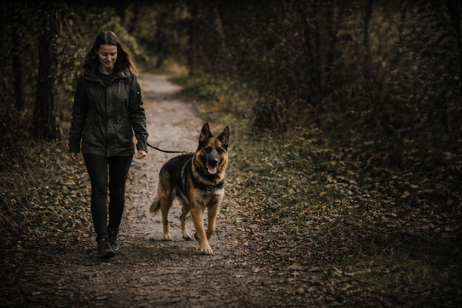 Owner walking with protection dog